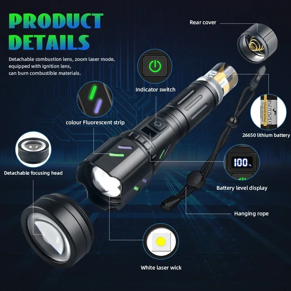 High Power White Laser LED Flashlight with Ignition Lens Fast Charging Outdoor Camping Tactical Torch with 26650 Battery