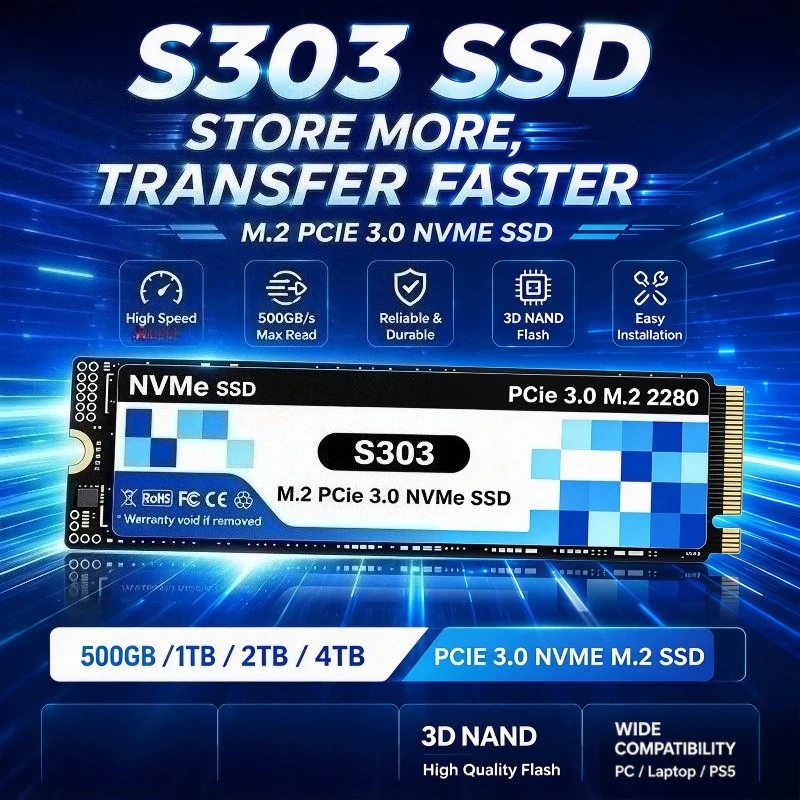 Original S303 M.2 NVMe Internal SSD 500GB/1TB/2TB/4TB, PCIe 3.0, Seq Read, High-Speed Gaming Storage for Laptops & PCs.