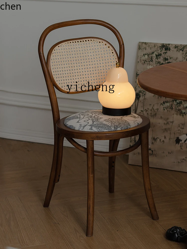 YFY French Solid Wood Rattan Dining Chair Retro Modern Restaurant Chair Desk Chair