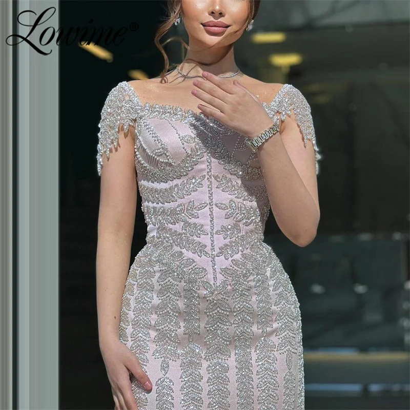 Elegant Heavy Beaded Pink Evening Dress Short Sleeve Formal Aso Ebi Wedding Party Dress Custom Made Prom Gowns Robe Customized