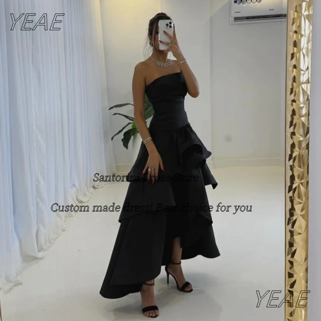 

Santorini Black Tiered Satin Prom Dresses Strapless Sexy Backless Homecoming Party Dress Girls Wear Evening Gowns Customized