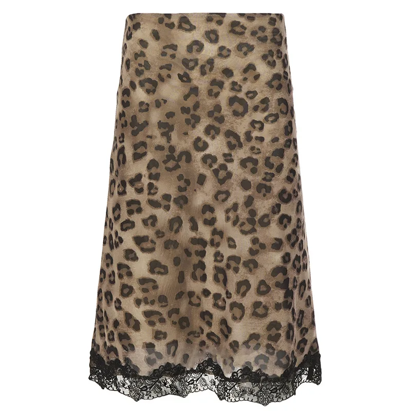 Fashion leopard print lace patchwork mesh street style casual spicy girl versatile mid length skirt