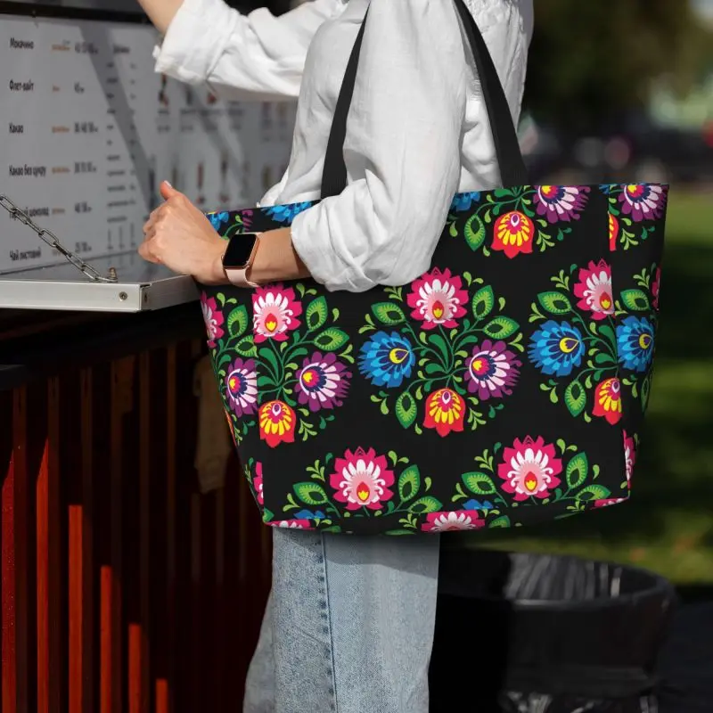 Poland Polish Floral Folk Art Flower Large Beach Tote Bag Women Waterproof Sandproof Zipper Beach Tote Bags for Pool Gym Travel