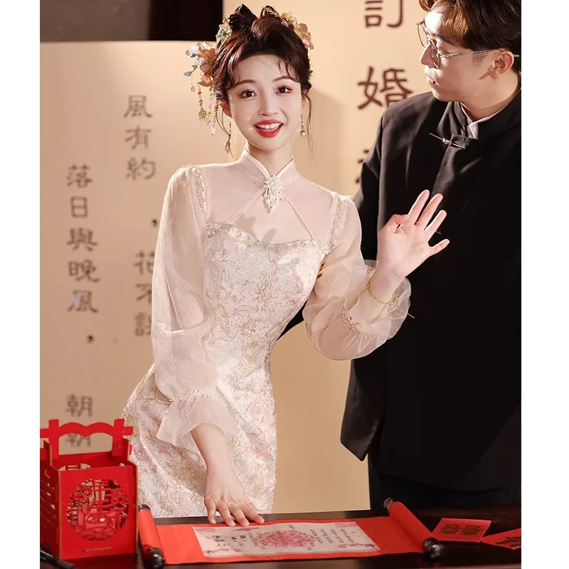 

New Chinese-style toasting style pink fishtail dress a fashionable