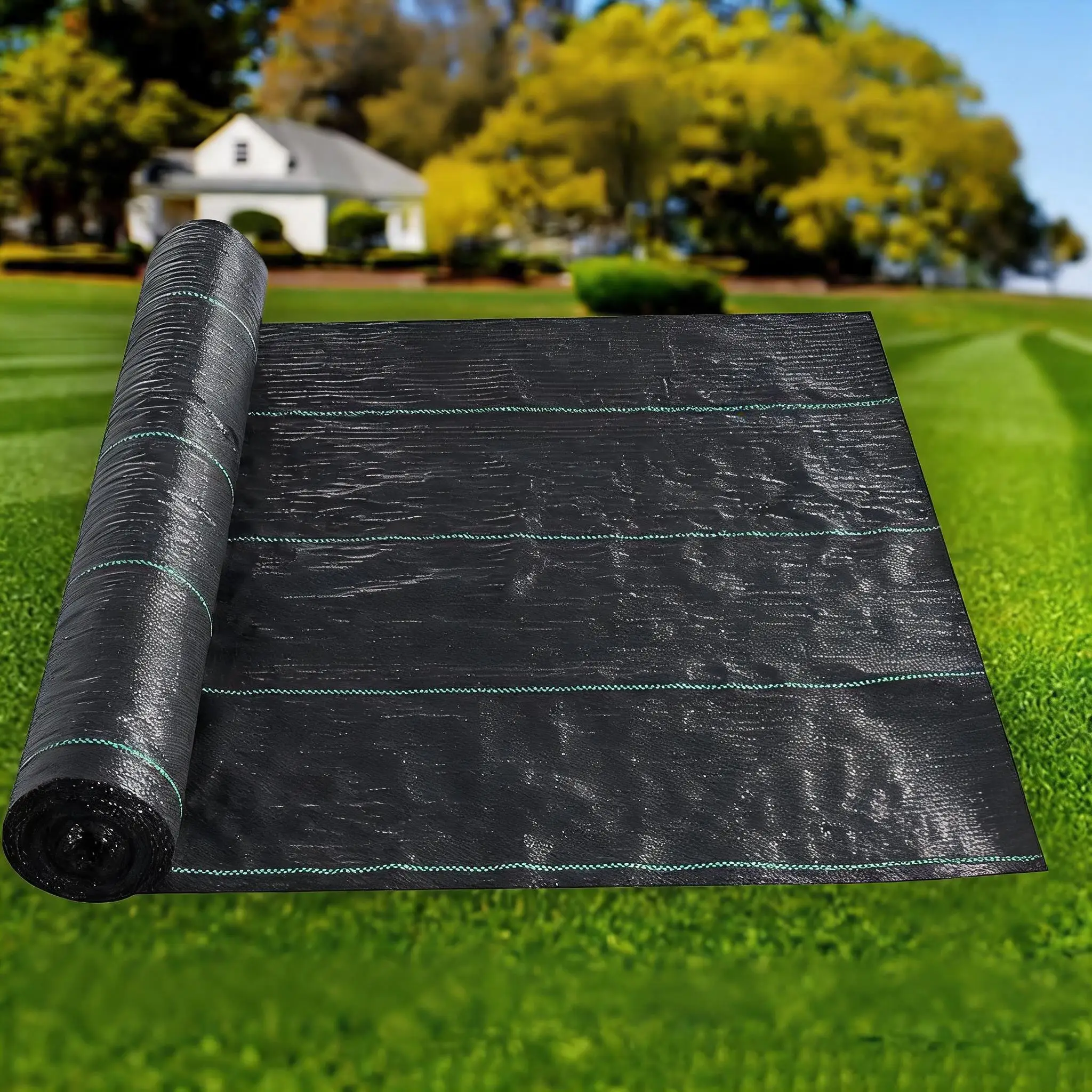 Toile de paillage 70g/m² respirante, imperméable et indéchirable, avec lignes de alignement pour les bacs surélevés, aménagement paysager et protection des plantes sur les allées.