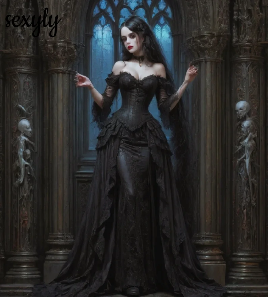 

Edwardian Victorian Gothic Black Wedding Dress Gorgeous Mermaid Overskirt Witch Bridal Dress Lace Long Sleeve Vampire Bride 2025