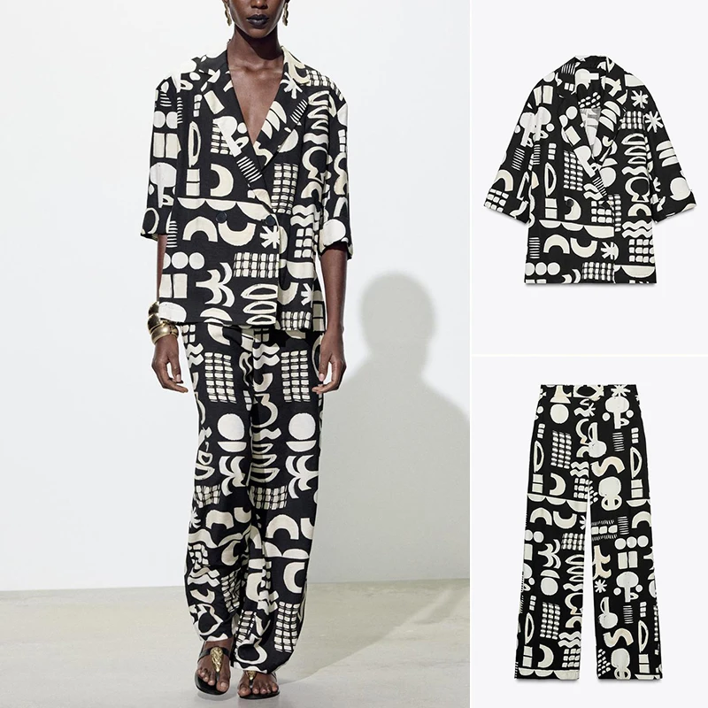 

Длинный костюм с воротником-стойкой и акварельным узором, джинсовый костюм с высокой талией, драпированные прямые брюки, комплект из двух предметов, летняя мода...