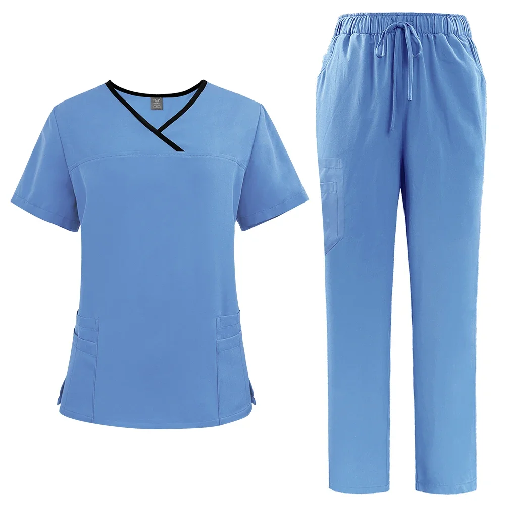 Cor sólida respirável enfermagem esfrega uniformes femininos elasticidade pet clínica enfermeira workwear médico roupas finas atacado