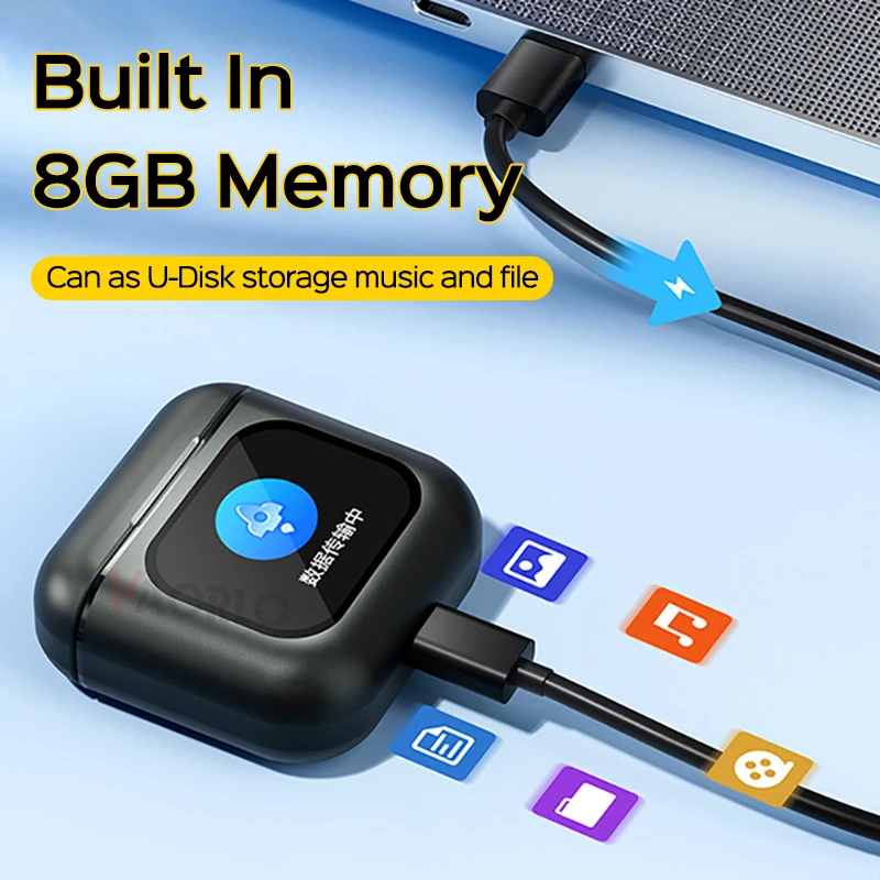 VAORLO Casque sans fil à écran tactile TWS 8 Go MP3 Bluetooth 5.3 Prévisions météo Rappels d'alarme 18 paramètres de langues Écouteurs avec microphone