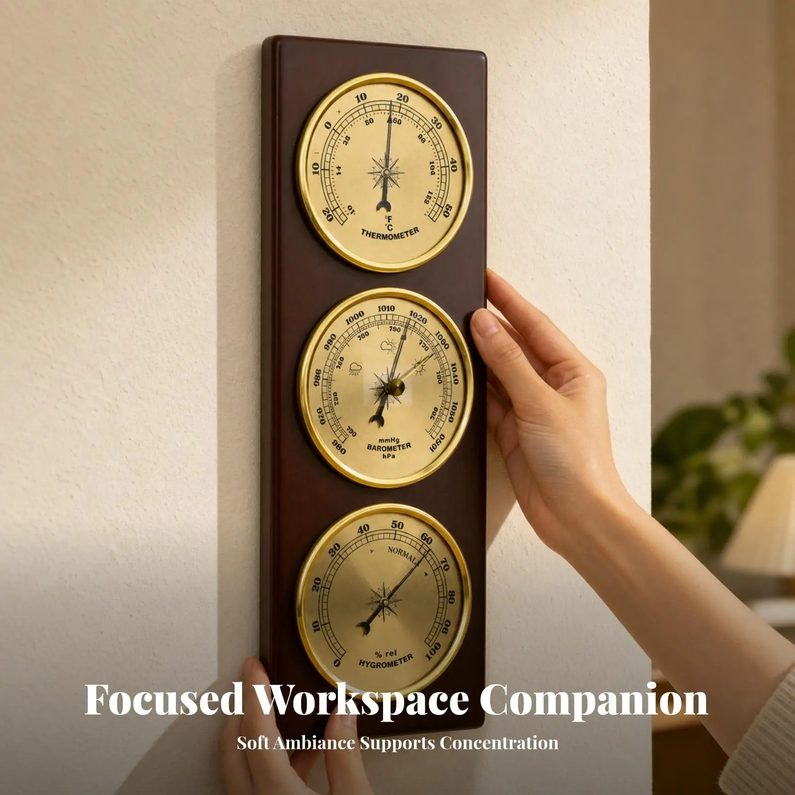 Triple Dial Wall Mounted Barometer Wooden Base Analog Weather Station for Home Office Gift Idea Triple Dial Wall Mounted Barometer Wooden Base Analog Weather Station for Home Office Gift Idea