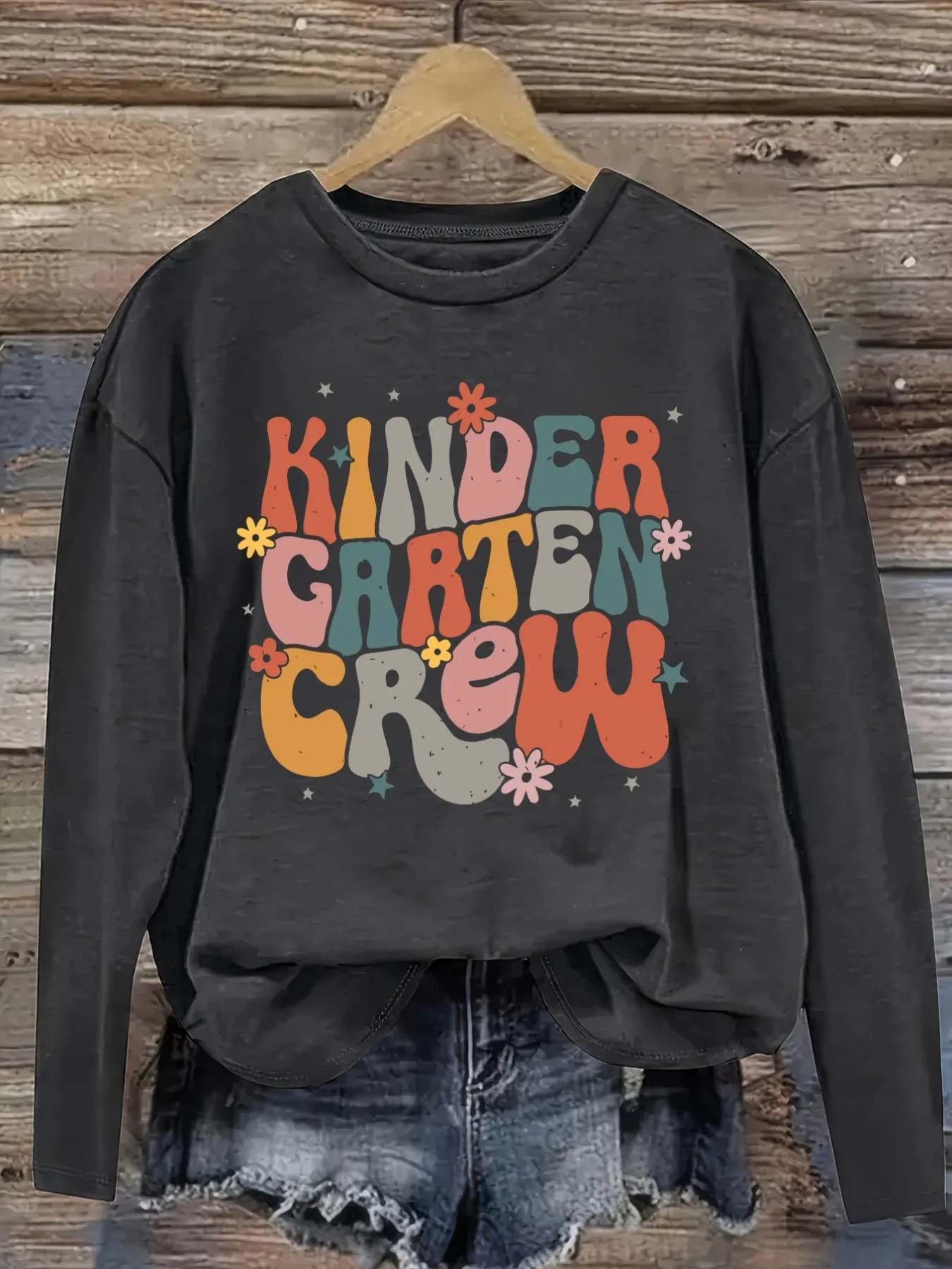 Women's Casual Long Sleeve Crew Neck T-Shirt Kindergarten Crew Floral Print Design, Round Neck Women's Clothing, Machine Washable, Slightly Elastic, Loose Fit, Spring Autumn Winter Women's T-Shirt, Halloween Costume Outfit view 2
