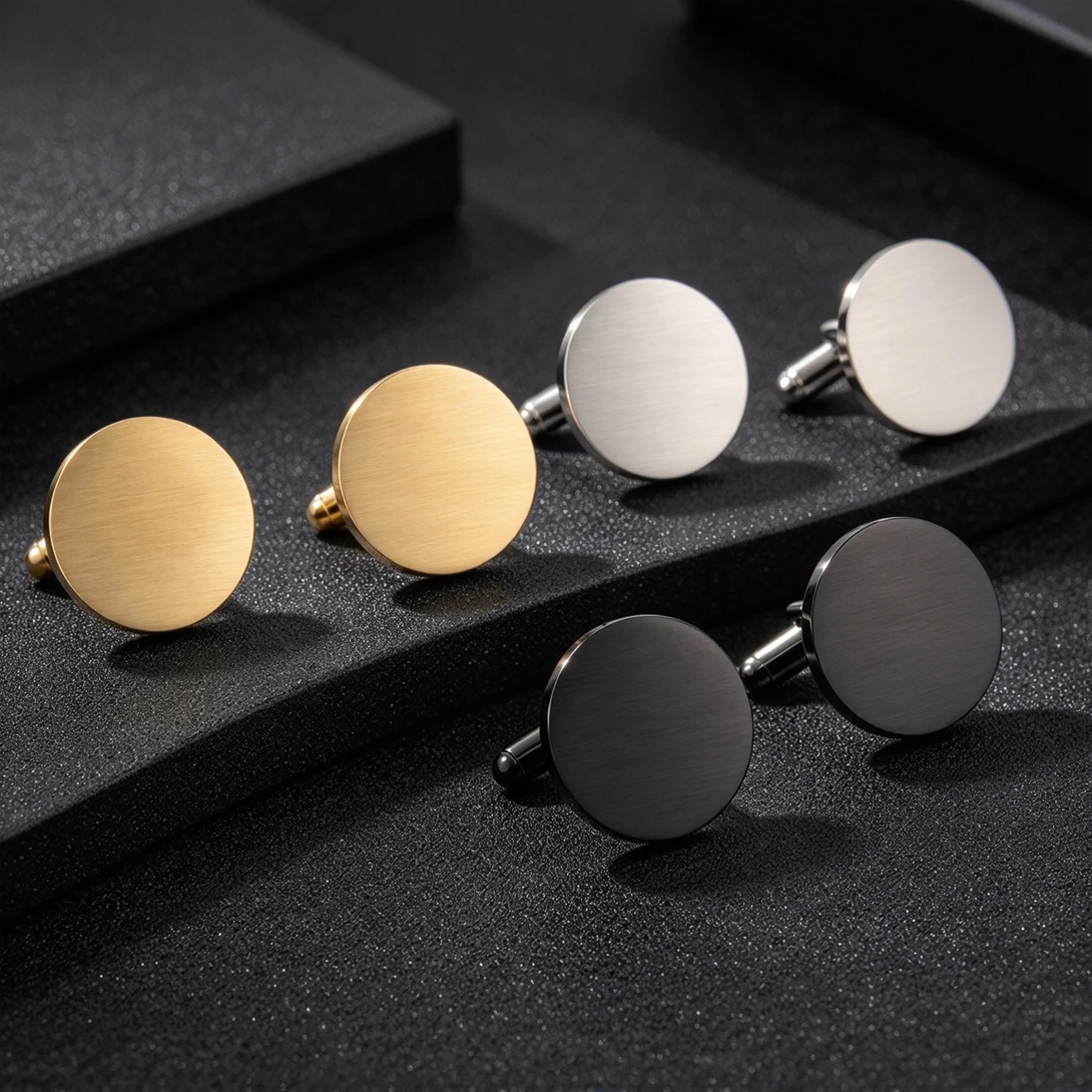 5 Pairs Rustproof 2cm Brushed Round Cufflinks Stainless Steel Blank French Shirt Cuff Links For Men Business Wedding Tuxedo Suit