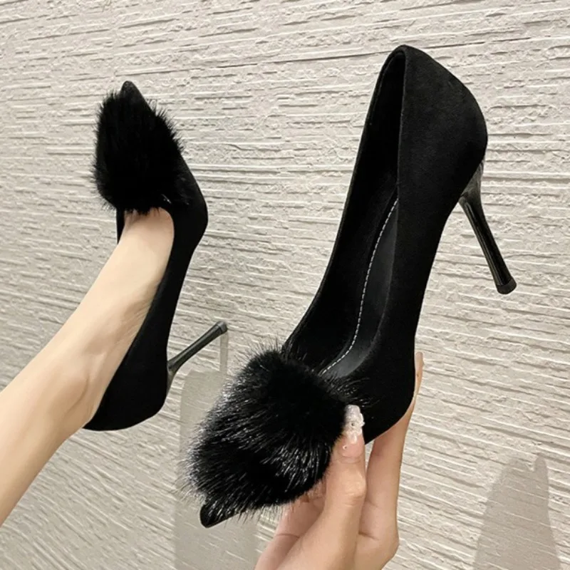 أسود شعري مزين مضخات النساء أنيقة أشار تو رقيقة صنادل عالية الكعب الفاخرة مأدبة أحذية مصممين Zapatos De Mujer #2