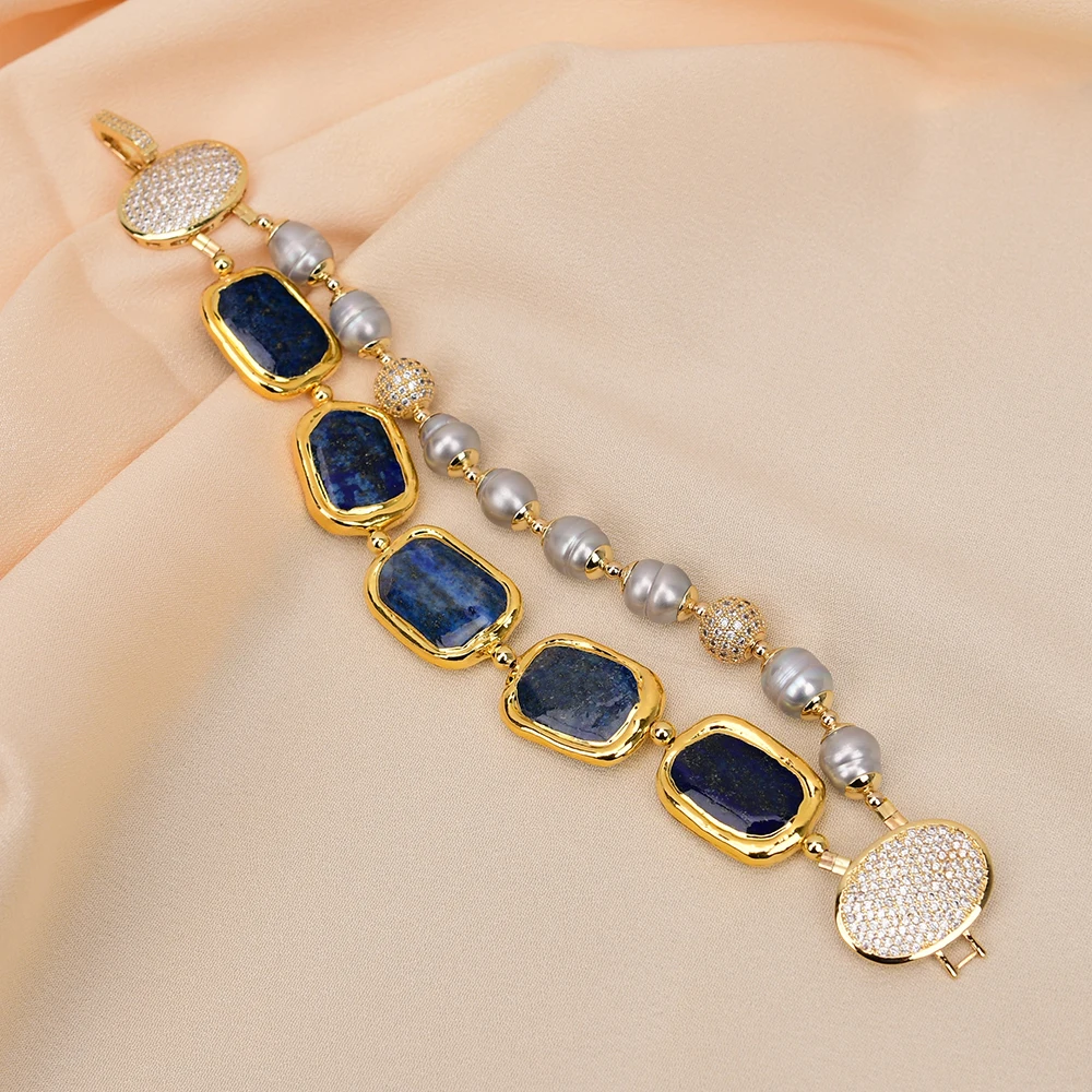 G-G 2 Rows Natural Gray Rice Pearl Gold Edge Plated Blue Lapis lazuli Gems Stone Bracelet CZ Clasp For Lady