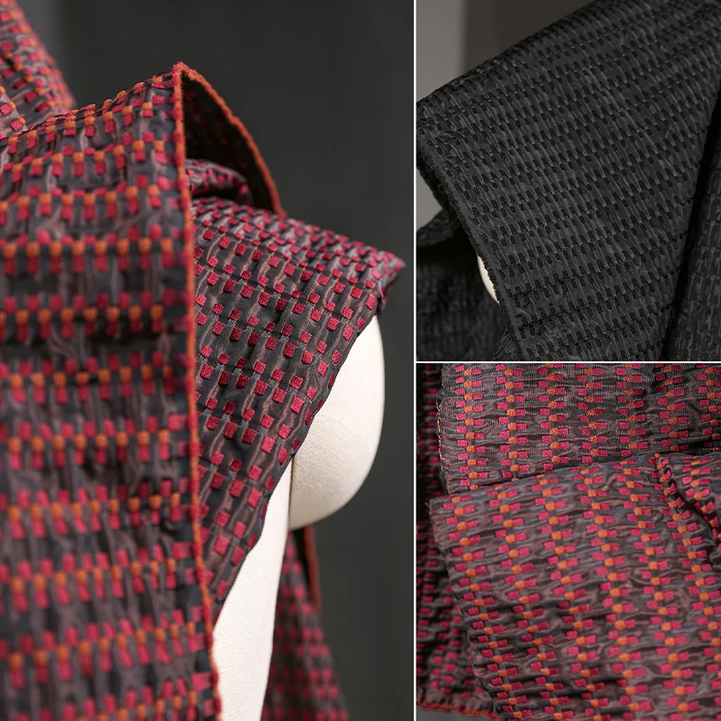 Retro Red And Black Particle Woven Plaid Jacquard Fabric 3D Texture Silhouette Creative Diy Fashion Garment Designer Fabric