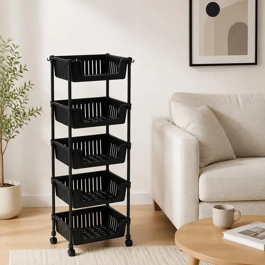 5-Tier Rolling Storage Cart, Space-Saving Multi-Layer Organizer With Durable Plastic Construction, Mobile Storage Rack For Kitch
