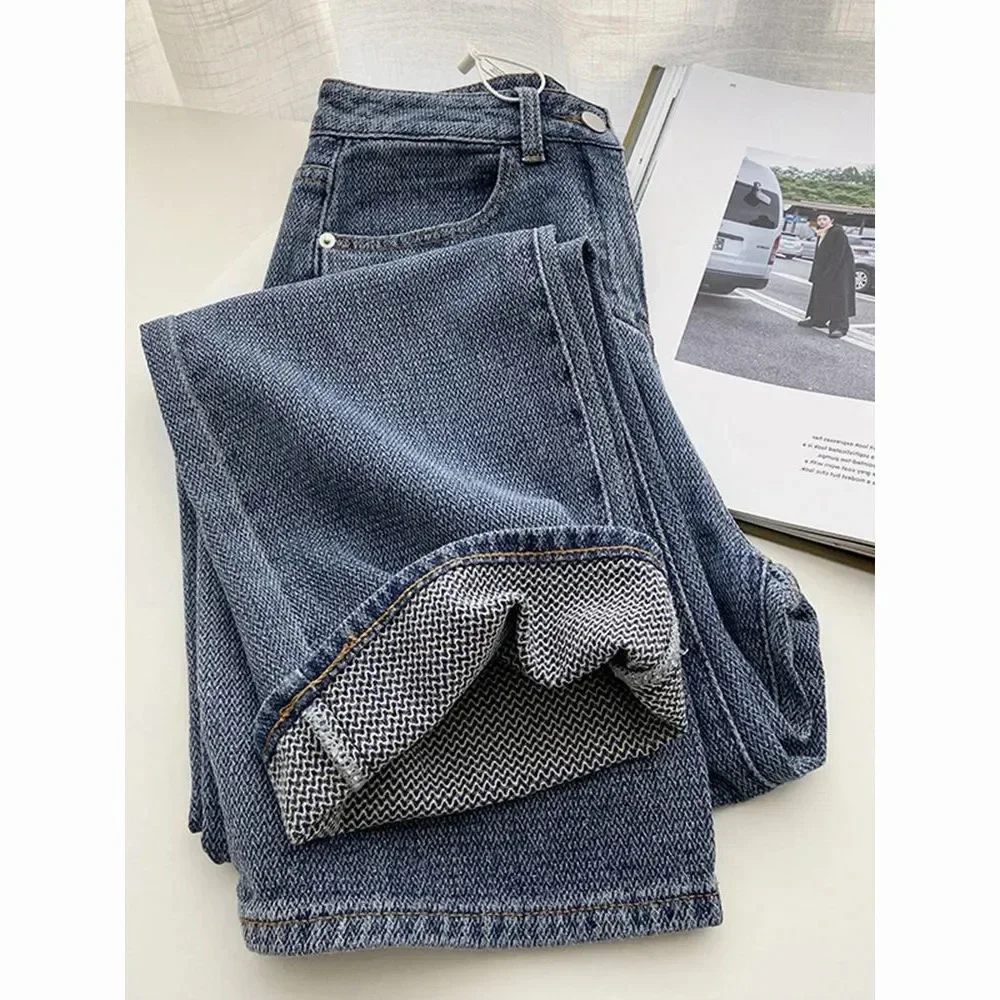 Jeans Women Wide Leg Pants Denim High Waist Zipper Fly Vintage Pockets Button Floor Length Trousers Straight Casual Denims