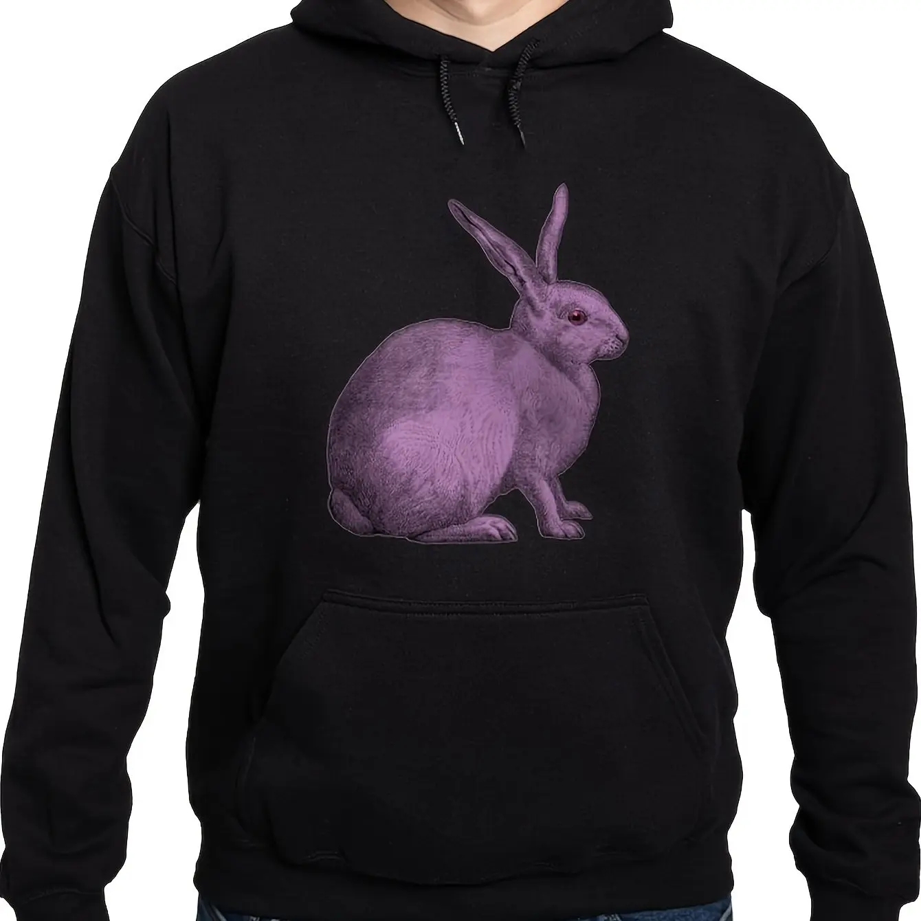 

Rabbit Pattern Hooded Sweater - Loose Casual Pullover with Purple Rabbit Print, Long Sleeve Crew Neck Design