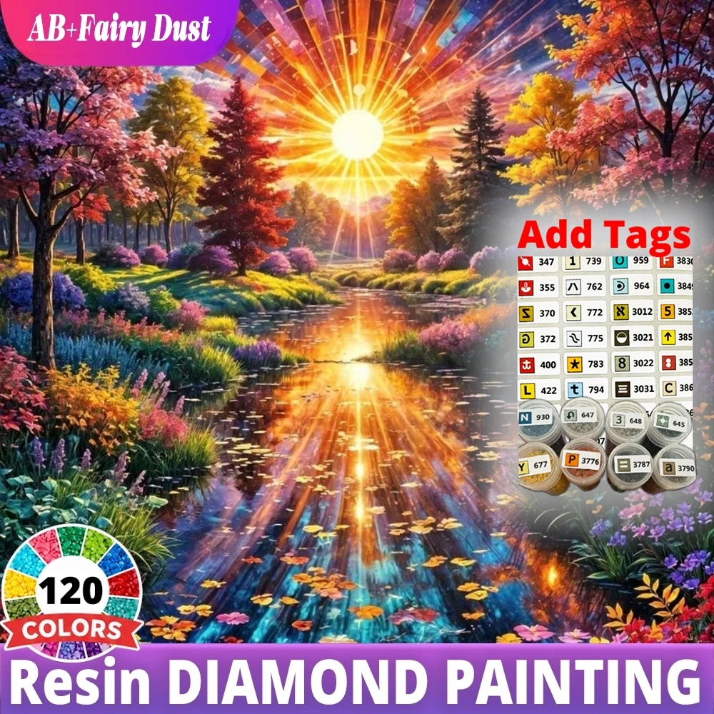 120 Color Resin Sunset Lake Reflection Landscape Classical AB Fairy Dust Diamond Painting Kit Full Square Mosaic Home Decor