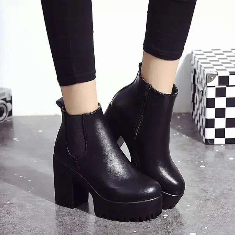 Botas Mujer 패션 여성 부츠 스퀘어 힐 플랫폼 Zapatos Mujer PU 가죽 허벅지 높은 펌프 부츠 오토바이 신발