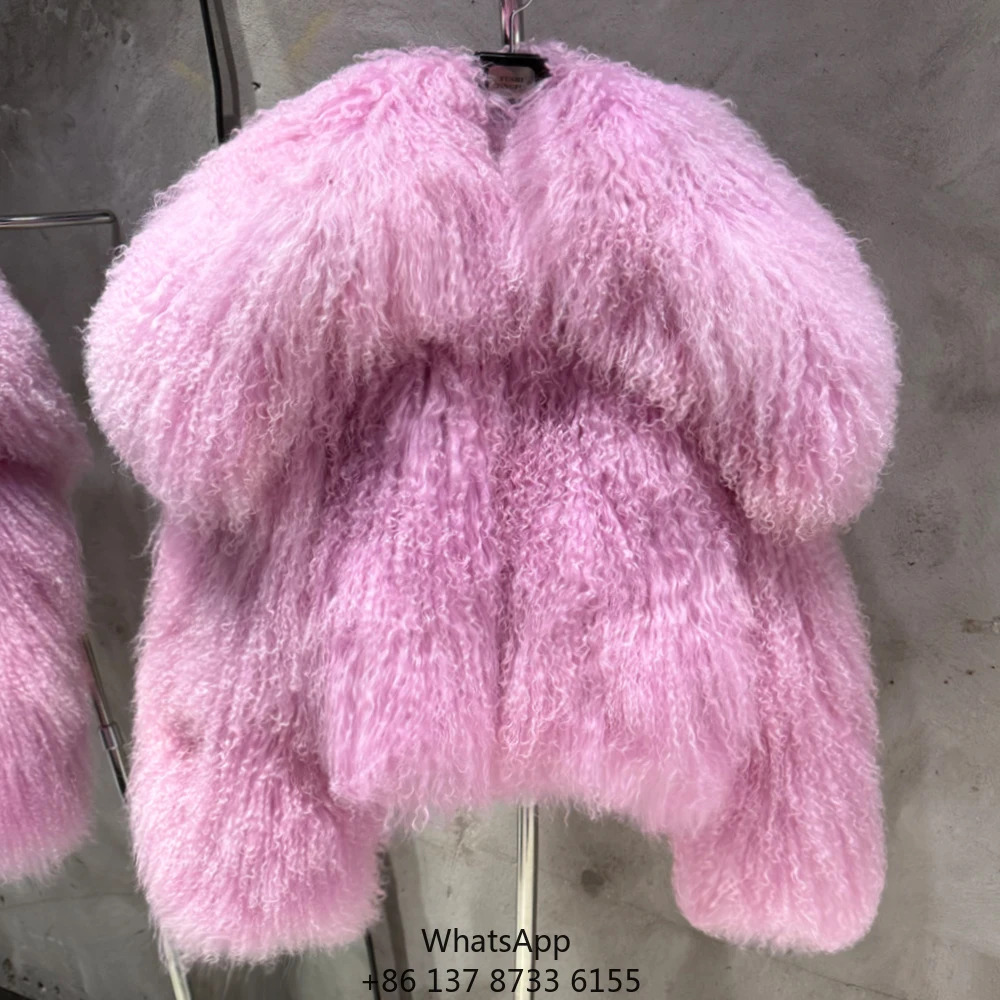 

Зимняя женская шуба из натурального овечьего меха, пушистая, с большим воротником, монгольская шуба