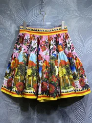 JUNLINNA Fashion Printing Skirt Women Summer 100% Cotton Beach Holiday Half Dress Vintage