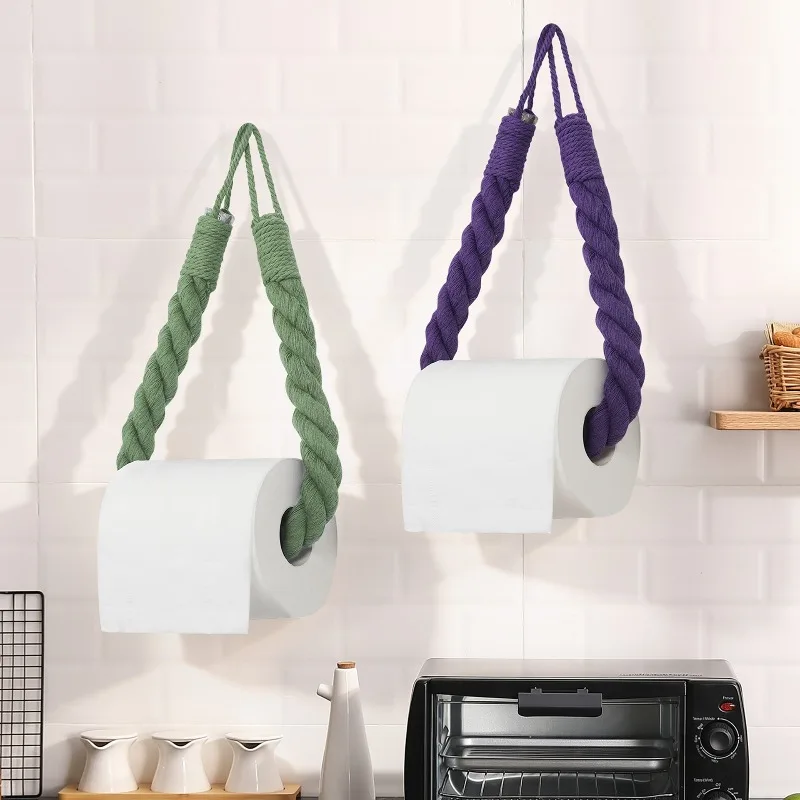 3pcs Hanging Tissue Holder Hand Woven Cotton Rope Wall Decor Punch‑free Paper Towel Tube for Bedroom Home Ornament