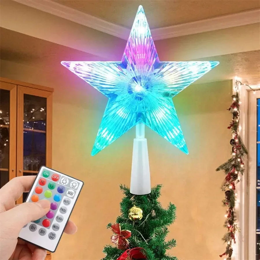 22CM RGB Changable Christmas Star Tree Topper Light With Remote LED Glowing Star Night Light Party Xmas Tree Top Ornaments