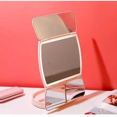 Miroir de maquillage à double porte, miroir de coquillage, miroir de beauté de dortoir LED, miroir de maquillage pliant de bureau, trois côtés, cadeau d'anniversaire de bureau