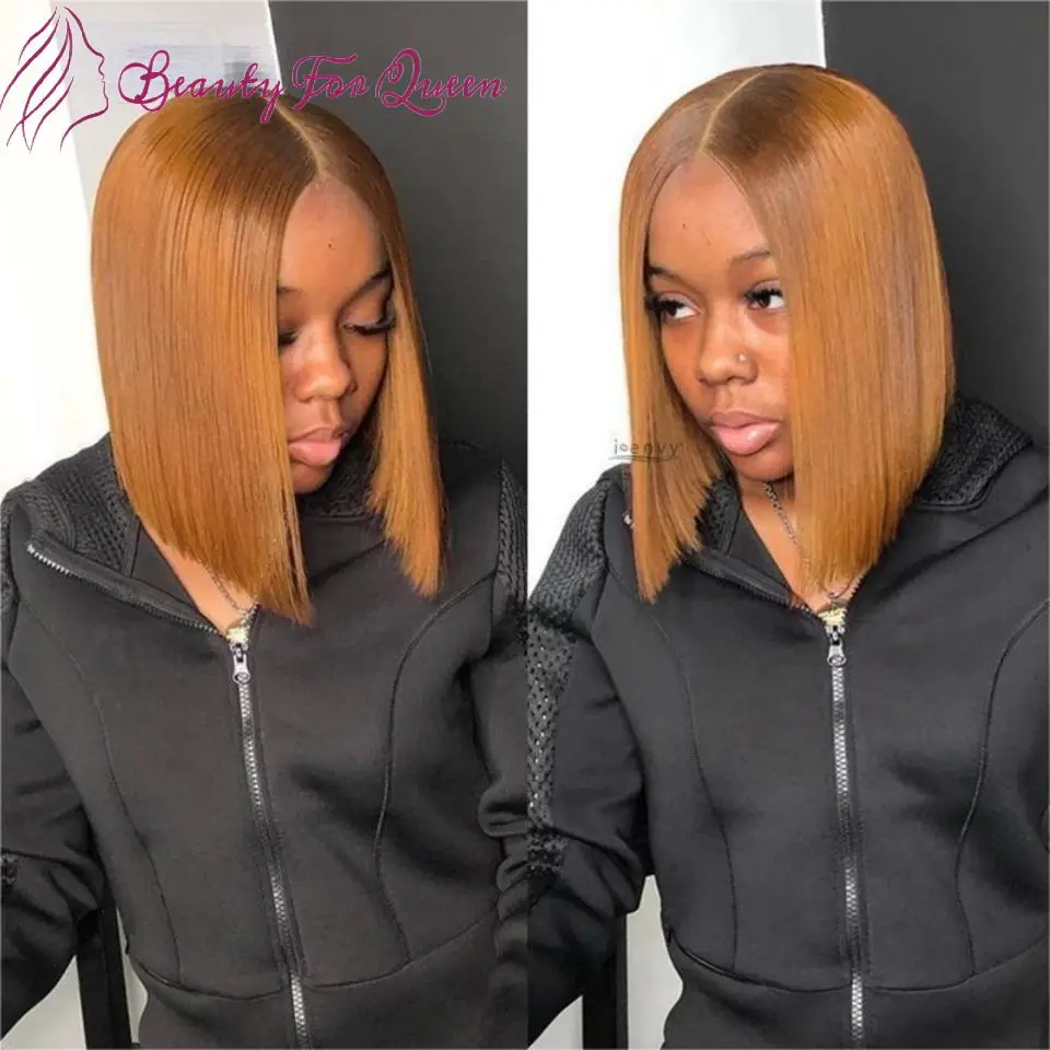 

180 Density 13x4 Colored Yellow Brazilian Human Hair Wig Light Brown Straight Short Bob Transparent Lace Frontal Wigs For Women