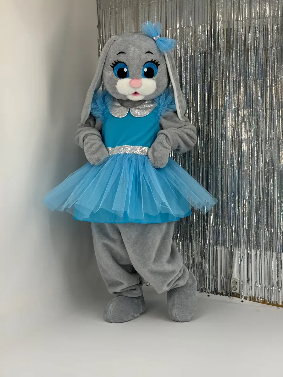 

Sky Blue Dress Bunny Grey Rabbit Mascot Costume Grey Lop Ears Cartoon Character Outfit Attractive Advertising Outfits