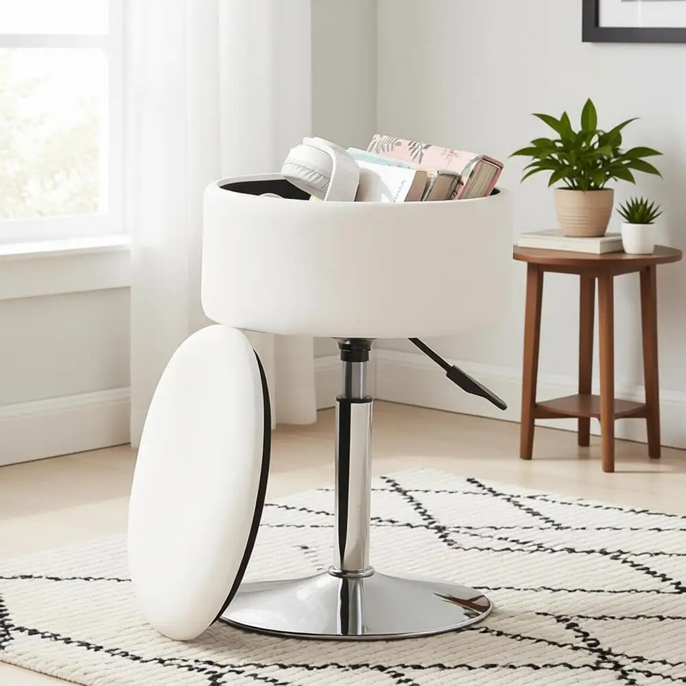 

White Adjustable Ottoman Stool with Storage, Vanity Chair for Makeup Room or Bathroom, Swivel Leather Seat
