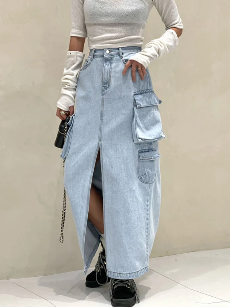 

Korean Fashion Denim Skirts Solid Color Pockets Patchwork Forked High Waist Long Skirt Spring Aummer All Match Women's Clothing