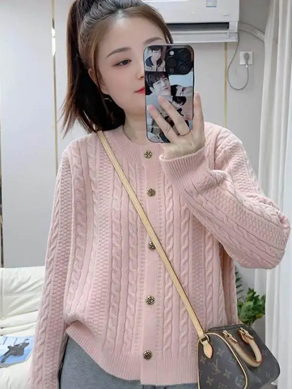 Retro Thickened Long Sleeve Knitted Soft Wheat Twist New Style Fashionable Rose Button Sweater Cardigan Trendy Women'swear