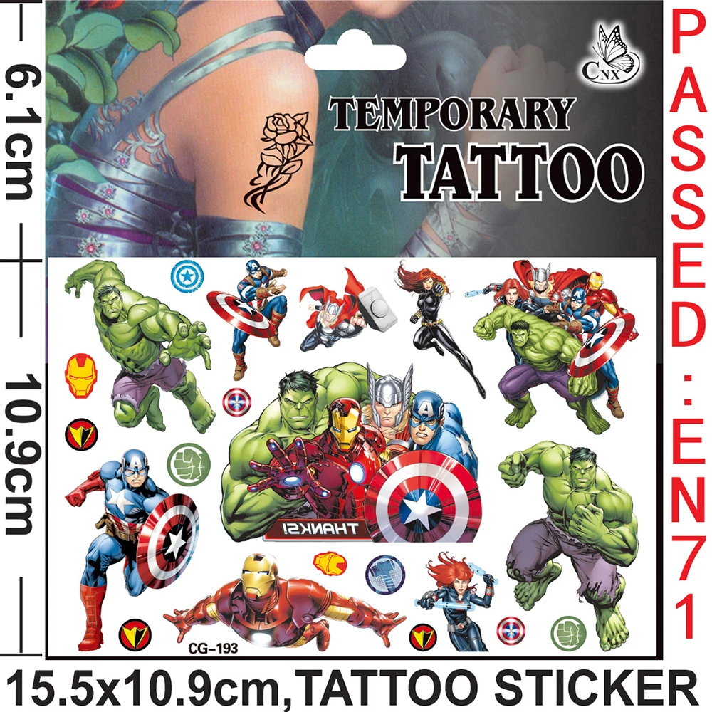 Disney The Avengers Tattoo Stickers Captain America Iron Man Hulk Children Temporary Tattoos Body Art Kids Toys Birthday Party