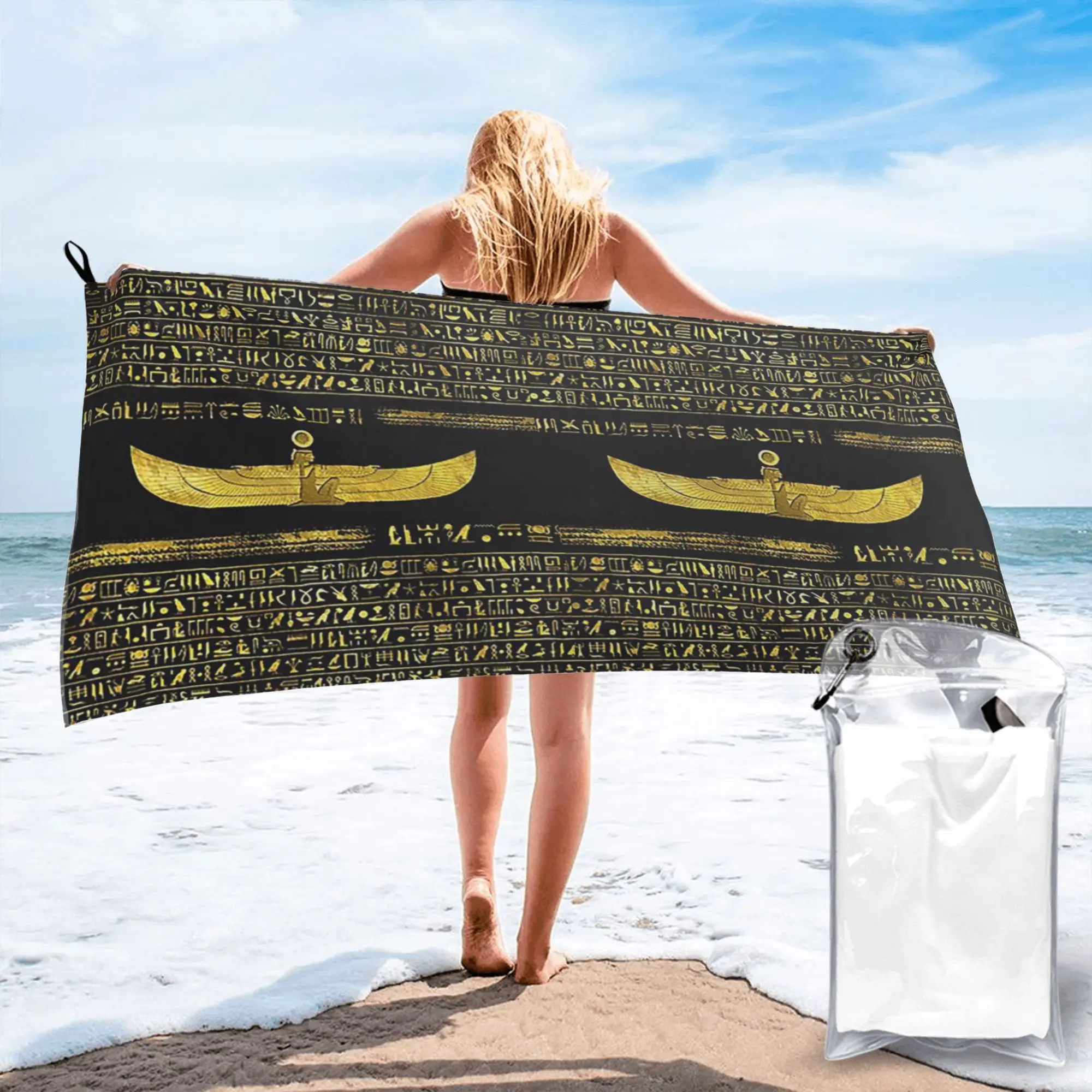 Golden Egyptian God Ornament on black leather Beach Towel Soft Microfiber Quick Dry Absorbent Quick Towels For Yoga