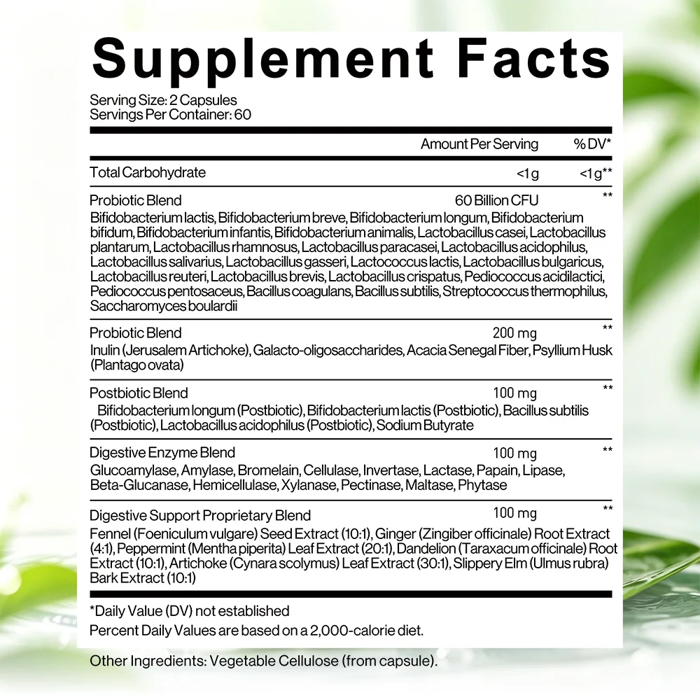 Probiotic Prebiotic & Postbiotic - 60 Billion CFU 24 Strains Digestive Enzymes, Slippery Elm, Daily Complete Immune, Gut Health