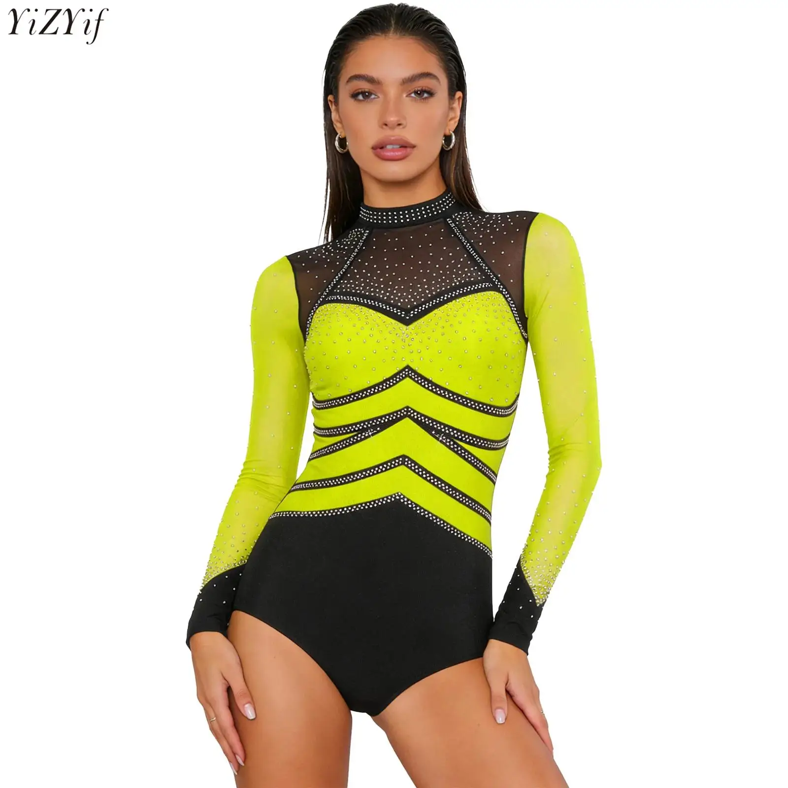 

Womens Gymnastics Bodysuit Mesh Long Sleeve Back Cutout Button Crotch Color Blocking Rompers Figure Skating Dancing Jumpsuit