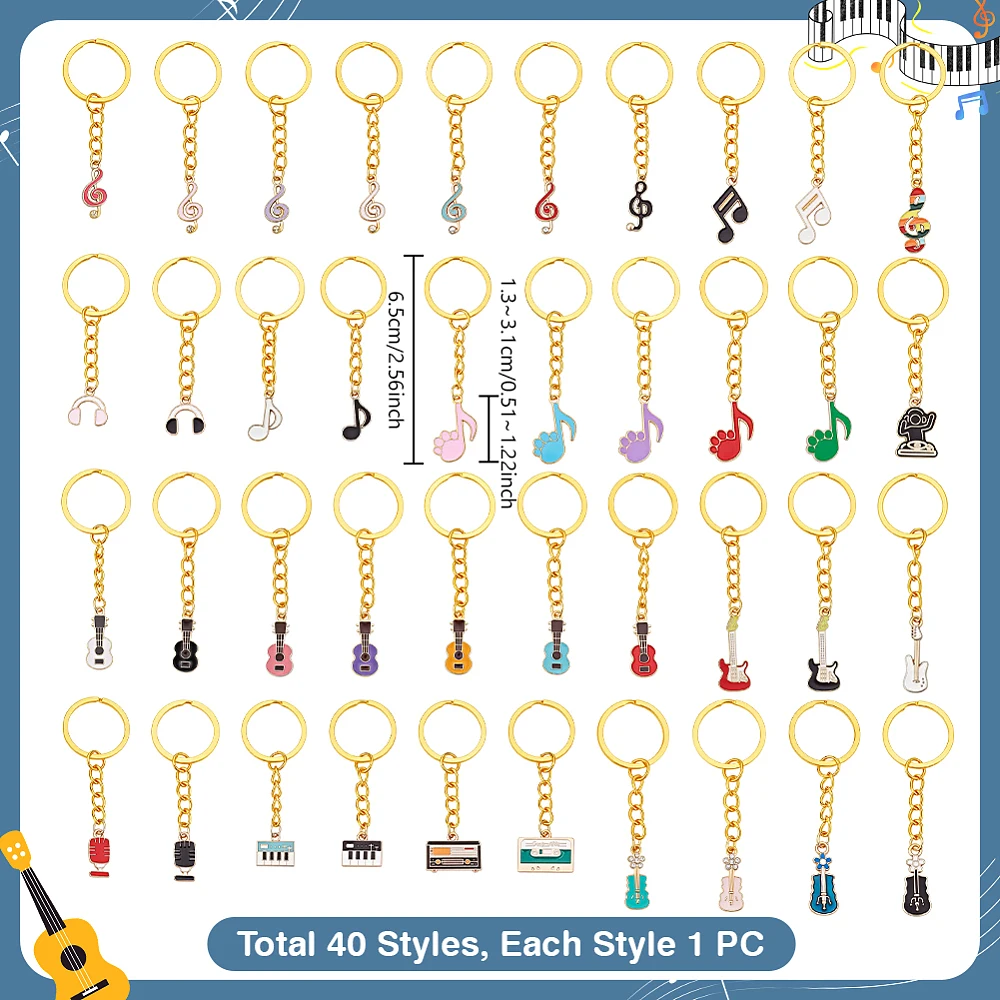 40pcs Musical Note Keychains Musical Instruments Theme Keychains with Iron Split Rings Guitar Charm Keychain