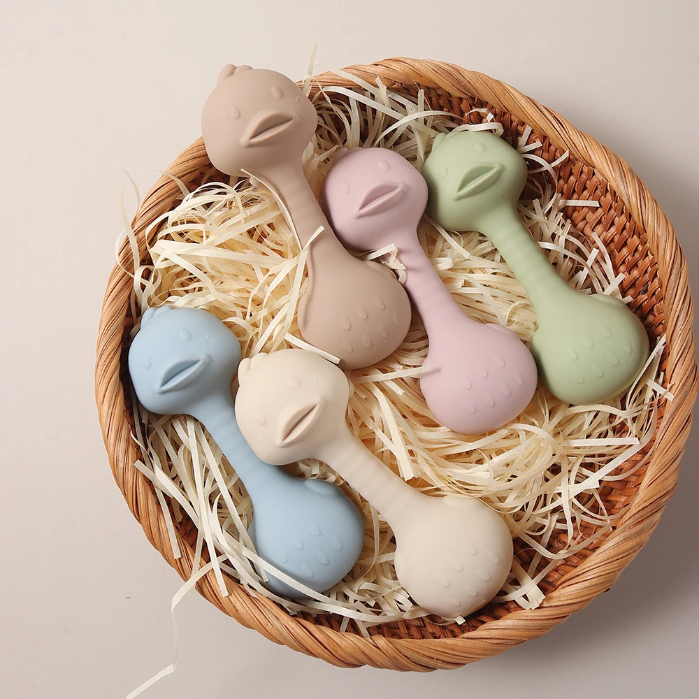 Brinquedo de mordedor de chocalho de bebê de silicone – abanador portátil de pato de coelho fofo, brinquedo de agitação de mascar sem BPA para recém-nascidos, bebês e crianças pequenas