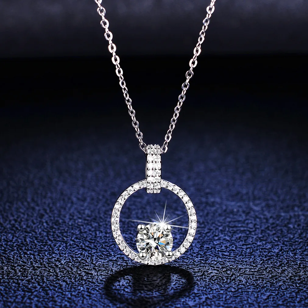 S925 Sterling Silver Pendant 1 Carat Mozzarella Diamond Necklace Women's Fashion V-shaped Round Bag Pendant Collarbone Chain