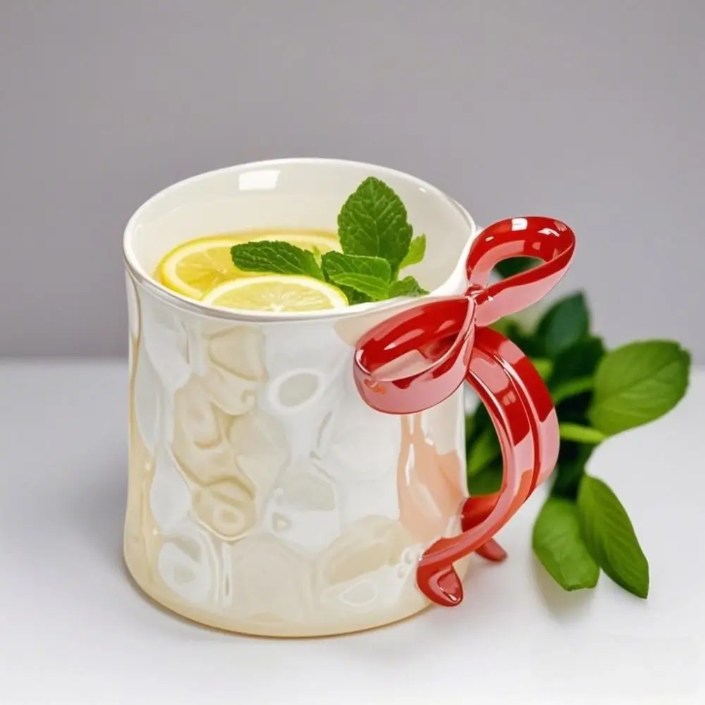 

Safe Exquisite Bowknot Ceramic Mug INS Sweet Pearlescent Water Cup Non-slip Bottom Light Luxury Breakfast Cup Girl's Gift