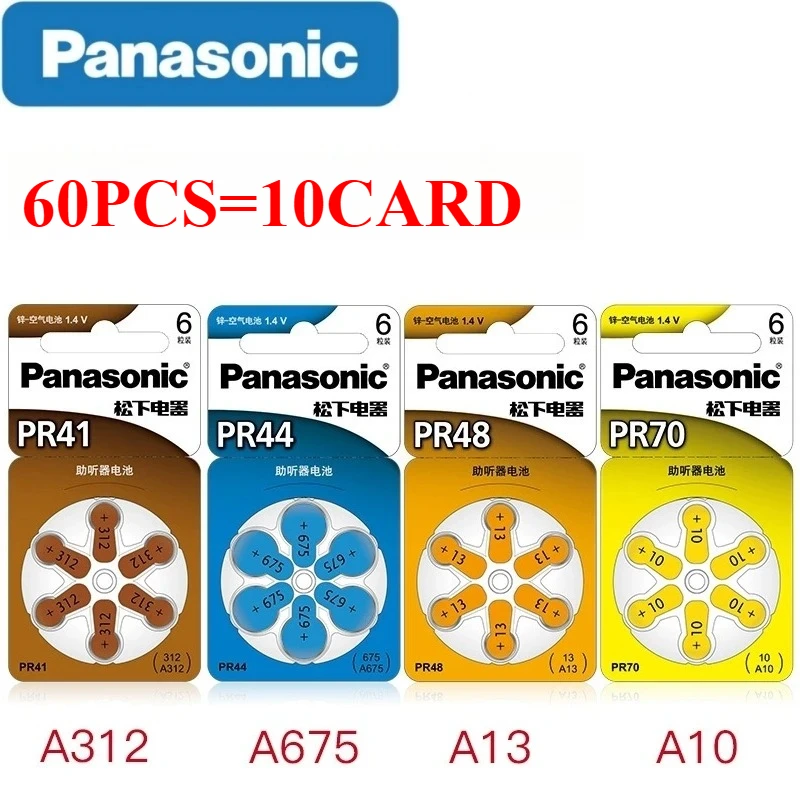 Original Panasonic Hearing Aid Zinc Air Batteries 60Pcs A10 A13 A312 A675 PR41 PR48 PR70 PR536 PR44
