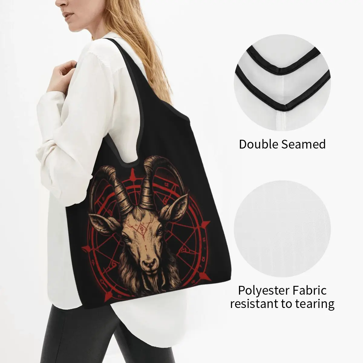 Occult Satanic Baphomet Goat In Pentagram Portable Tote Shopping Bags Reusable Shopper Bag Groceries Handbag Shoulder Bag