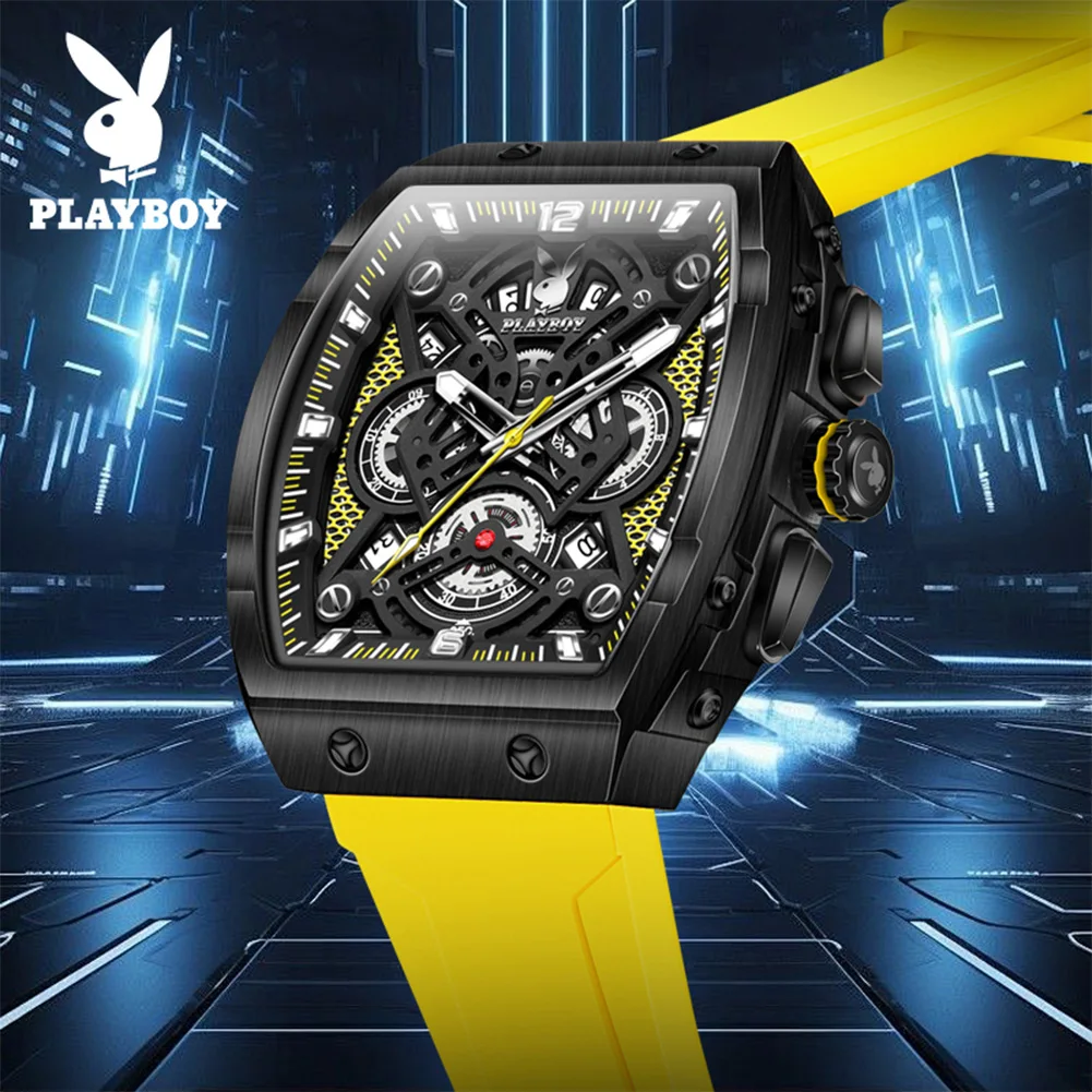 PLAYBOY Watches Man Waterproof Luminous Tonneau Skeleton Quartz