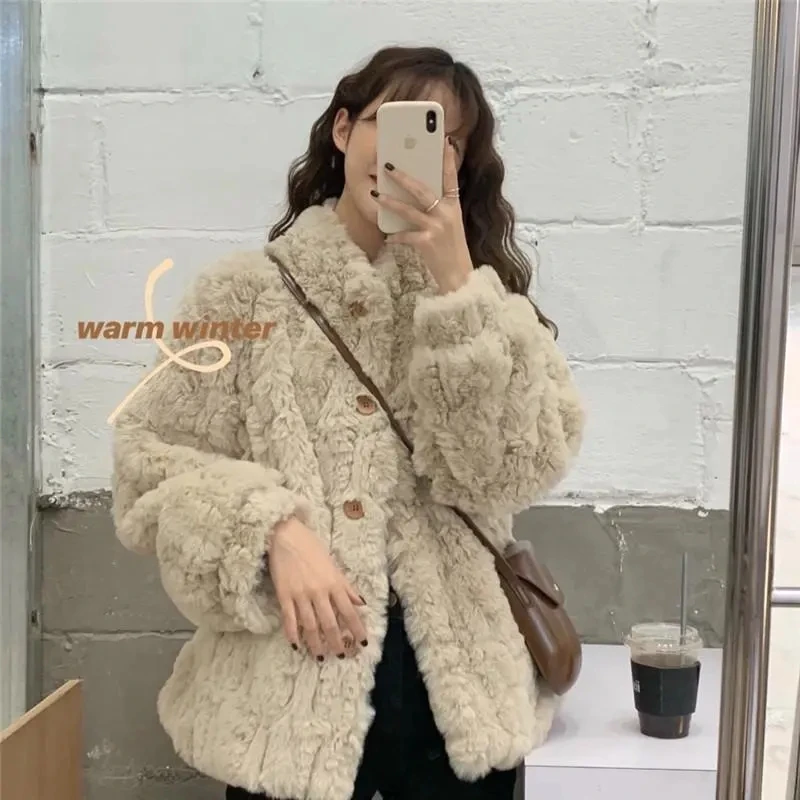 Faux Rabbit Fur Plush Coat Women's Winter Short Thickened Warm Fur Jacket Korean Loose Stand Collar Lambhair Overcoat