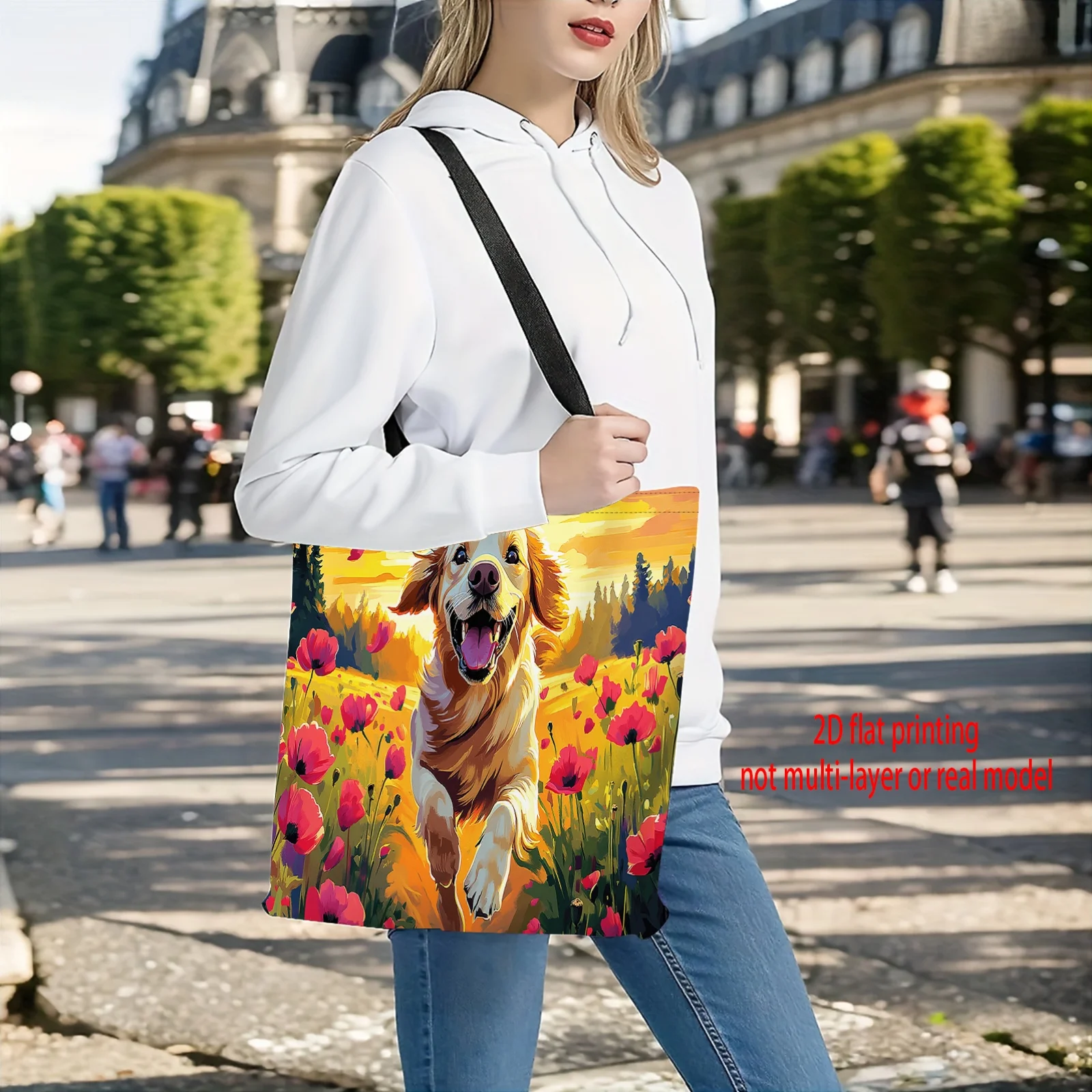 Vintage Women'S Casual Handbag Featuring A Joyful Golden Retriever Sprinting Shopping Bags for School Shopping Use Storage Pouch
