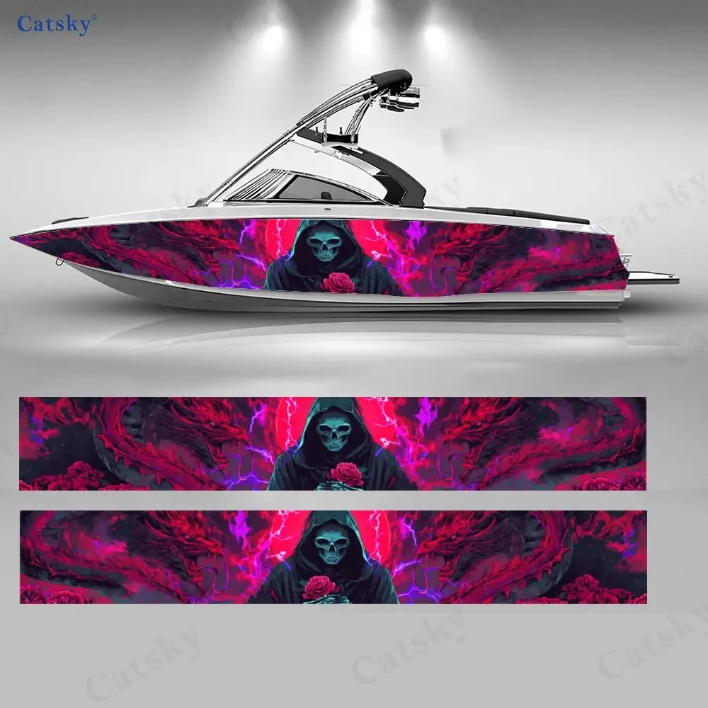 2Pcs Purple Flame Rose Reaper Boat Stickers, PVC Waterproof Vinyl Wrap Decals for Fishing Boats, Durable and Stylish Design
