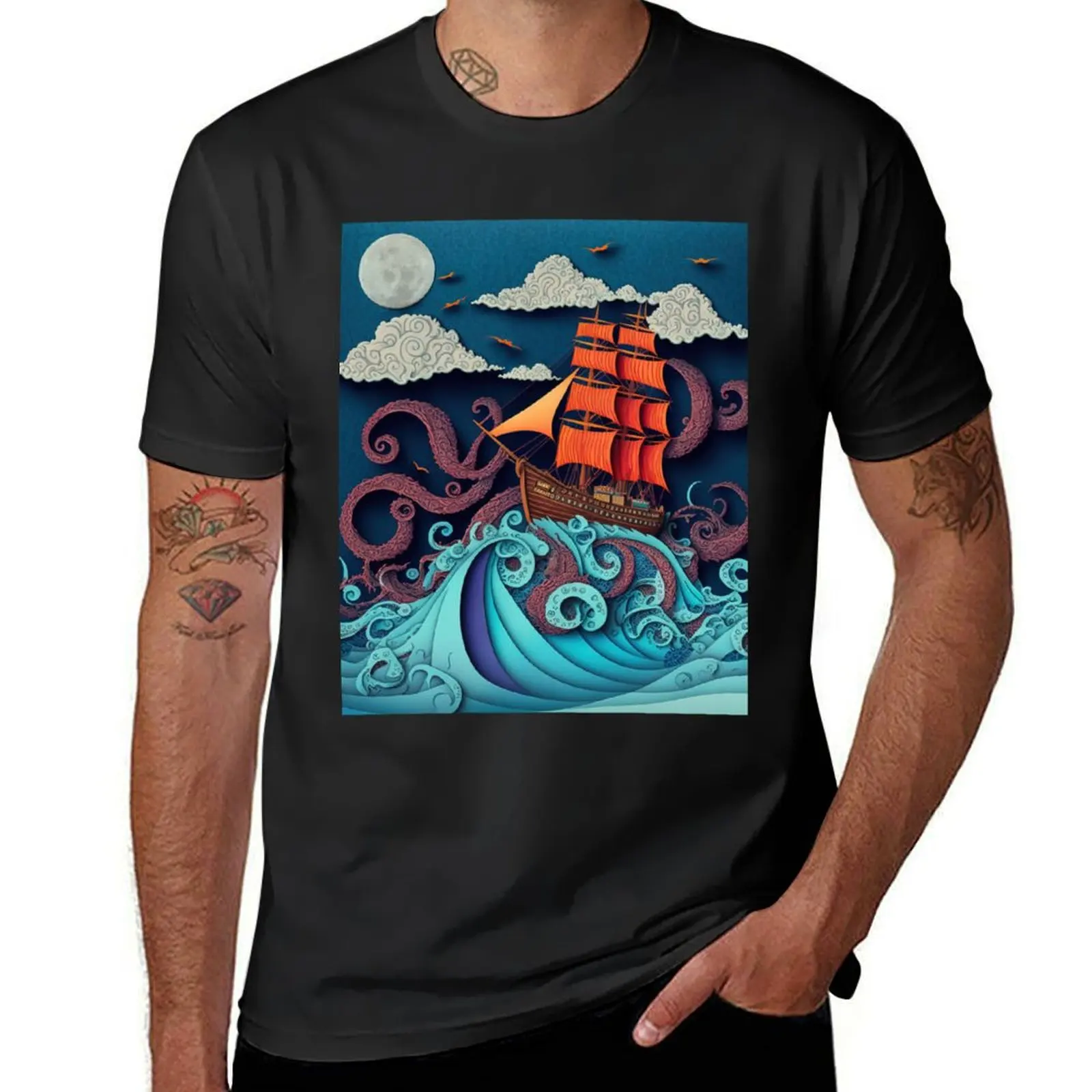 Vintage Kraken Attacking Ship illustration T-Shirt summer clothes heavyweights anime tops black t shirts for men