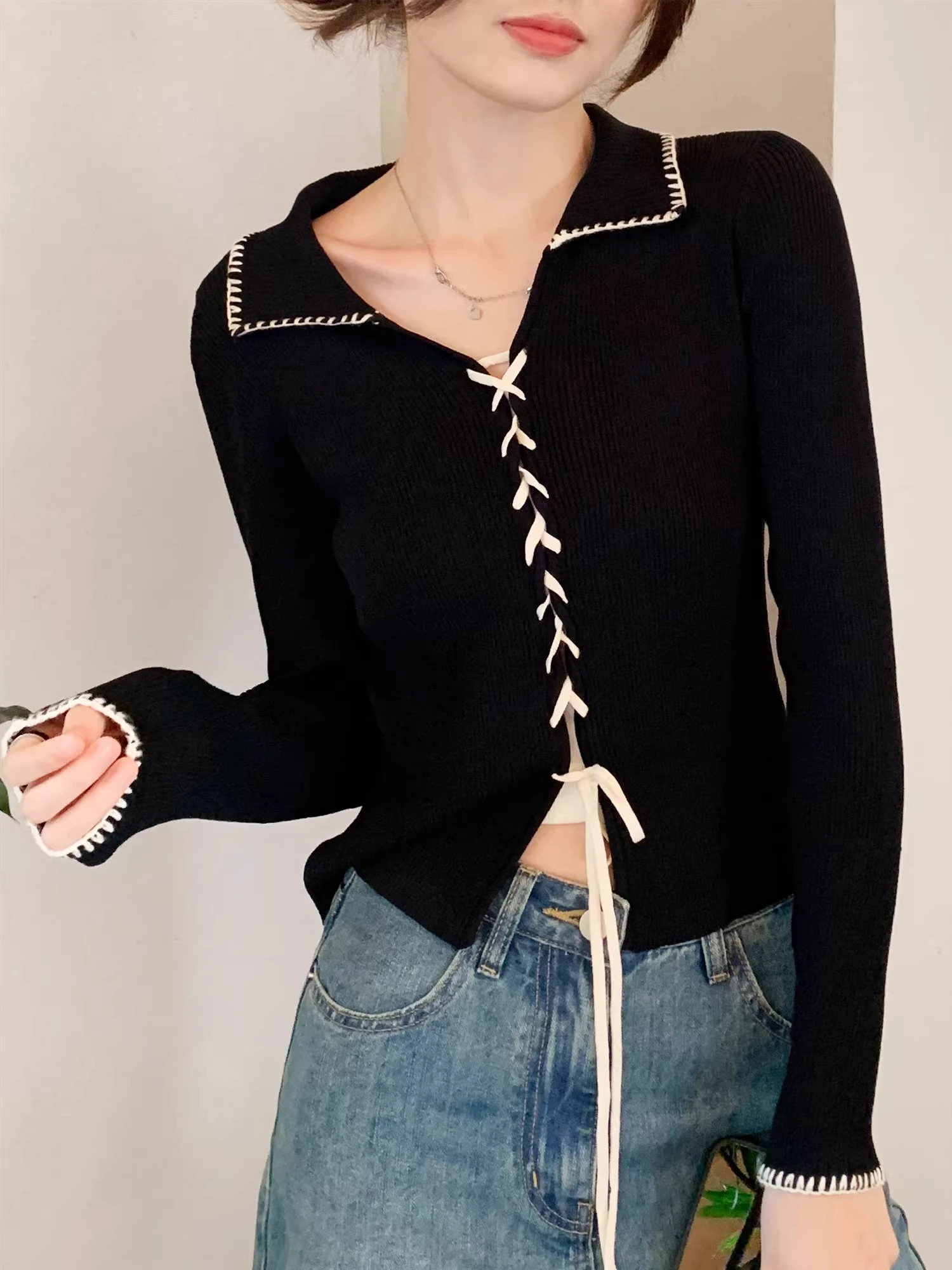 

Корейский вязаный топ с воротником-стойкой для женщин: уникальный, модный, красивый свитер с завязками, базовая кофта, мягкая, средней толщины, тонкая, длинная, с рукавами.